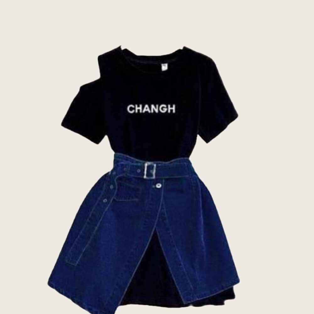 Black Color Regular Top & Denim Skirt - Image 3