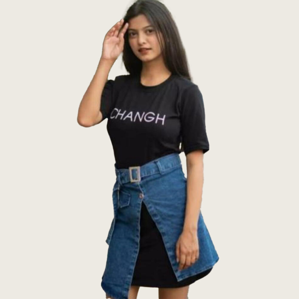 Black Color Regular Top & Denim Skirt